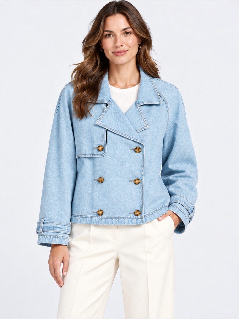 On 34th Women’s Cropped Denim Trench Jacket Size ХL Blue Cotton Double-Breasted